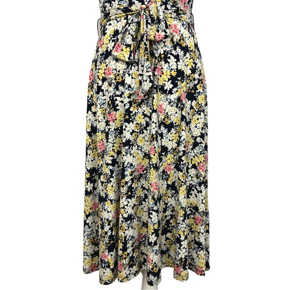 CHARTER CLUB | Navy White Yellow Sleeveless Floral Belted A-Line Midi Dress XS - Picture 4 of 15